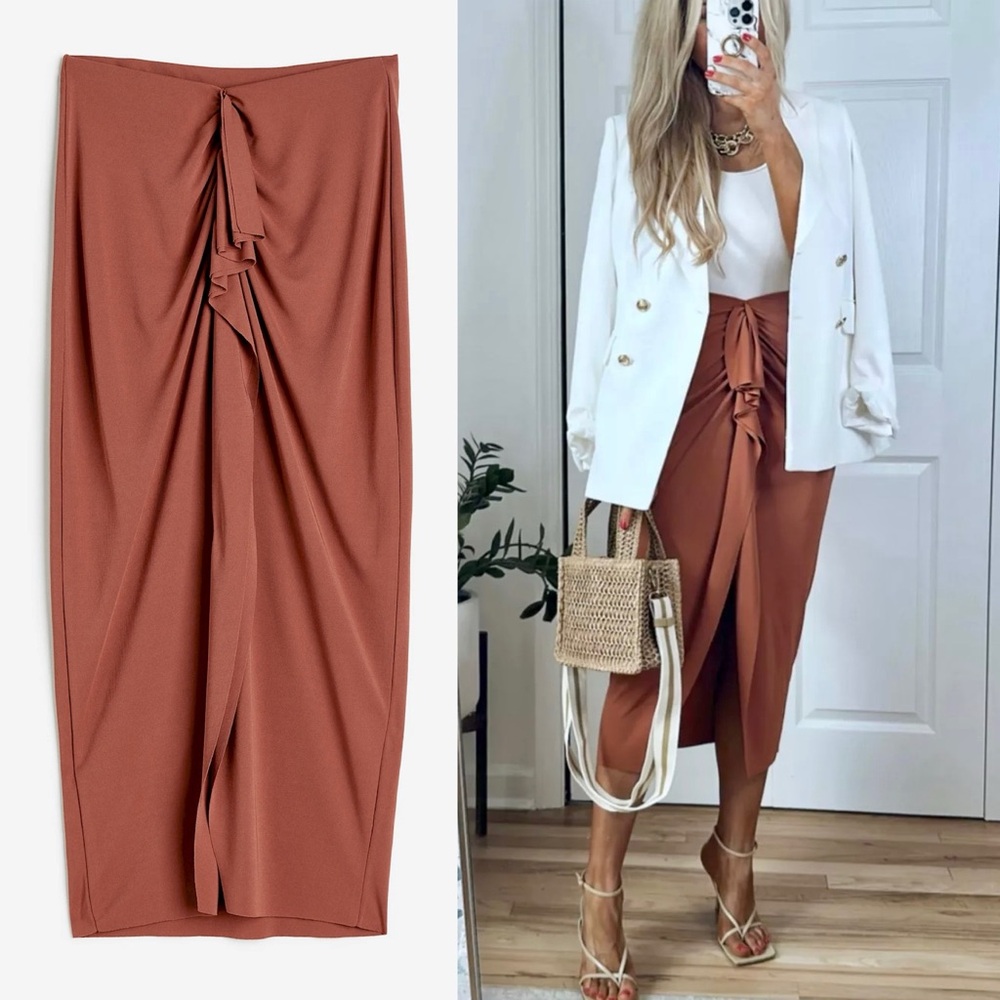 H&M NWT gusset panel ruffle open front midi skirt stretchy, elastic waistband